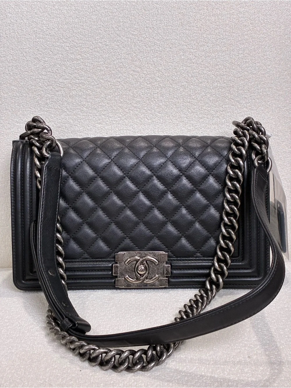 CHANEL Black Quilted Leather Boy Shoulder Bag with Silver-Tone Hardware